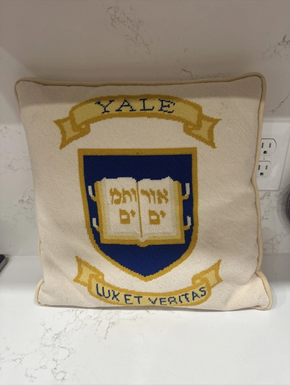 Yale Crest Needlepoint Pillow in Blue and Gold